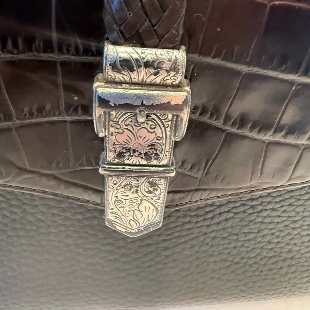 BRIGHTON Womens Black & Brown LEATHER SHOULDER BAG W/card Holder Croc Embossed